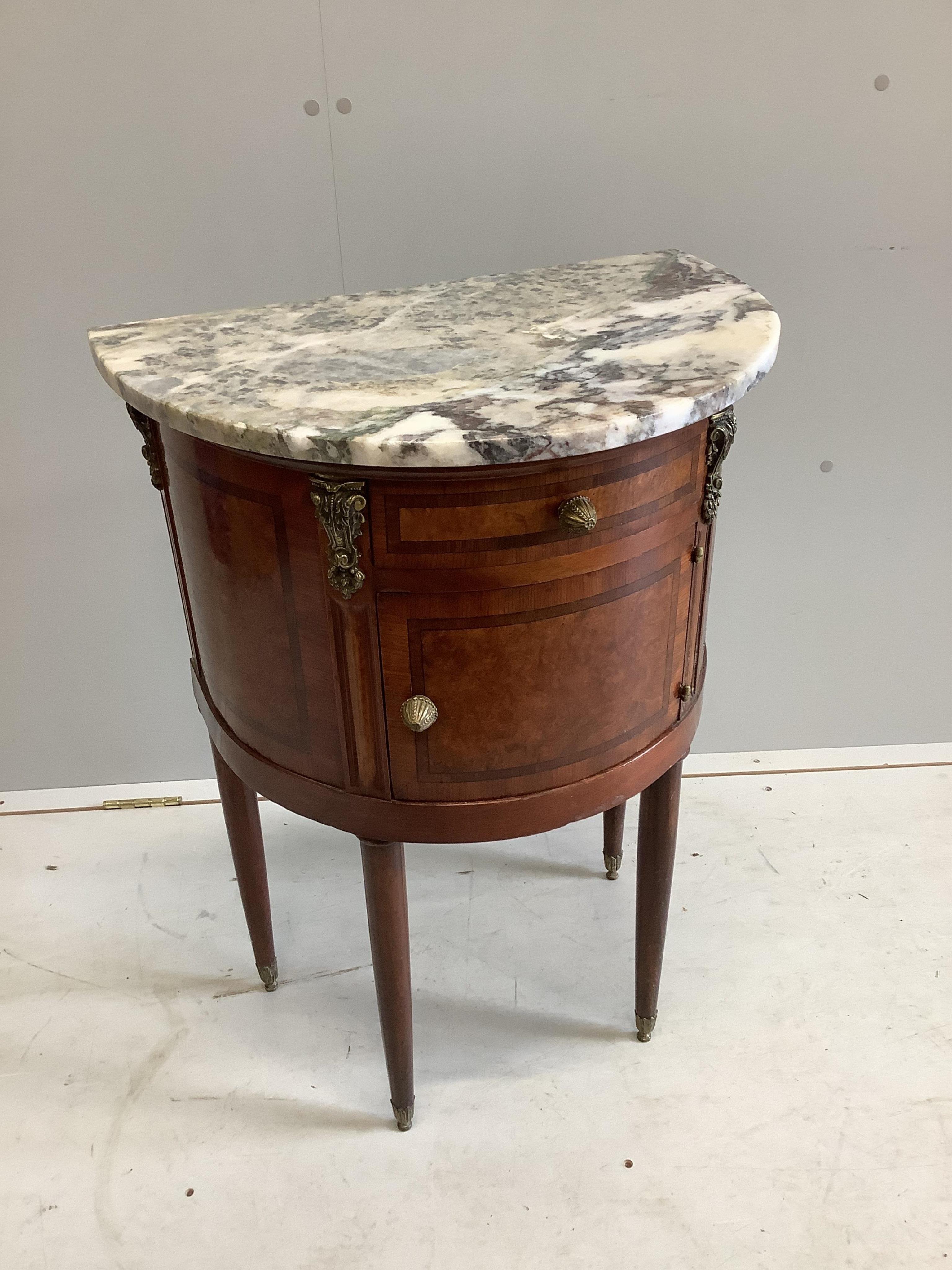 A French kingwood and burr walnut demi-lune commode with marble top, width 55cm, height 78cm. Condition - good